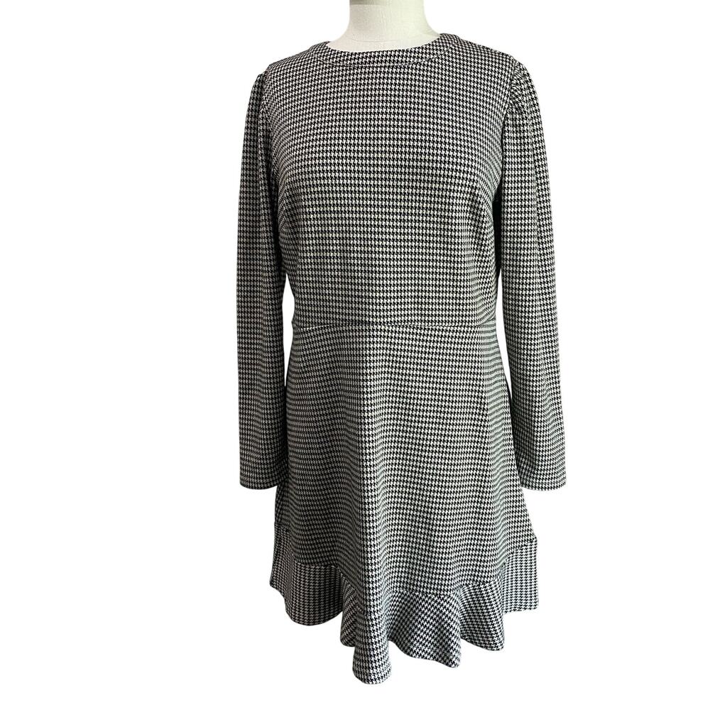 Loft Houndstooth Ruffle Posh Trim Mini Dress Black and White Size 10